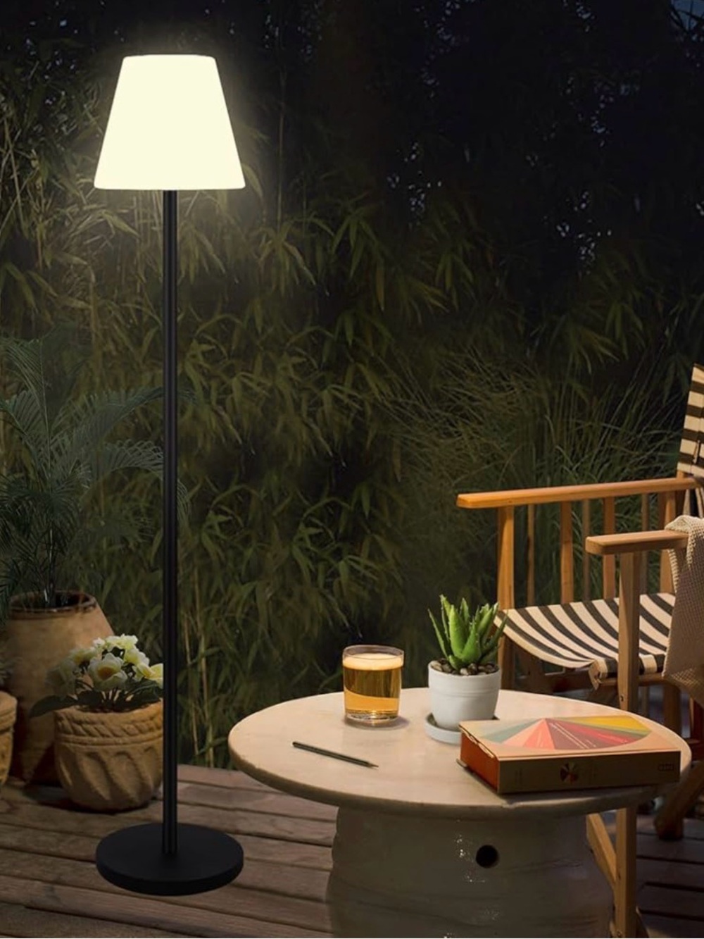 Solar Black Floor Lamp with White Shade - outdoor waterproof